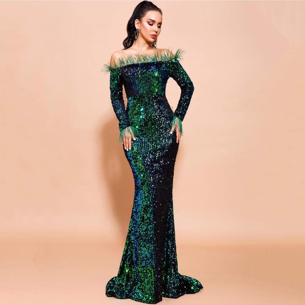 Off-Shoulder Sequin Floor Length Evening Gown with Feather Details